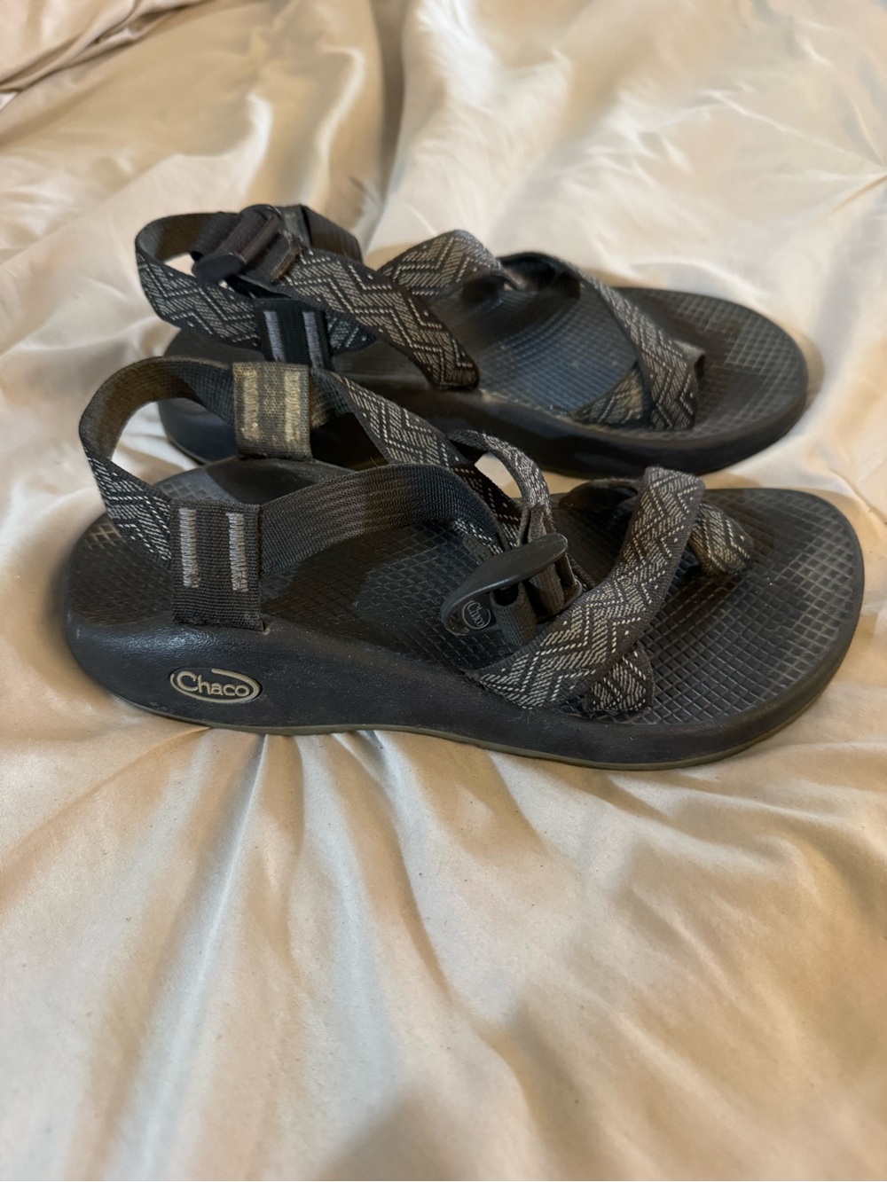 Chaco Black and Gray Patterned Webbing Sandals